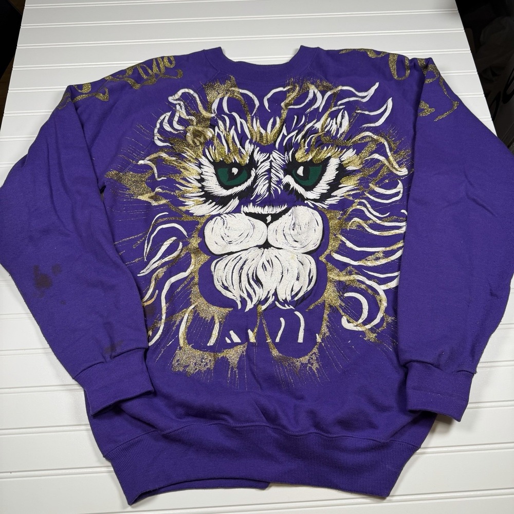 Vintage Hanes Crewneck Sweatshirt Lion Glitter Unisex Large Purple Gold FUC‎